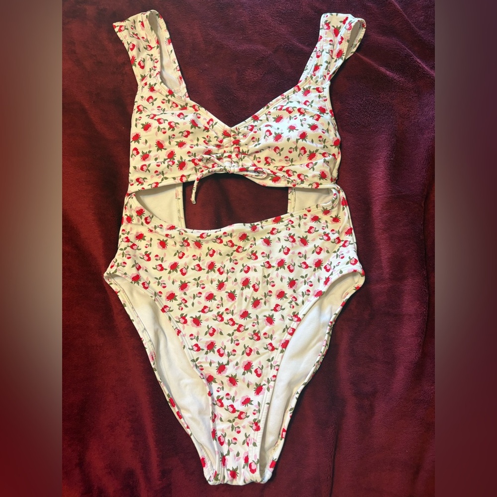 Xhilaration White One-Piece Bodysuit with Pink and Red Floral Print - Picture 2 of 4